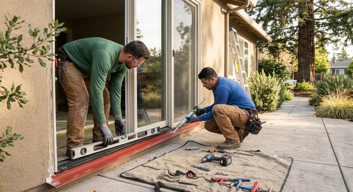 Sliding glass door installation in progress on a residential patio