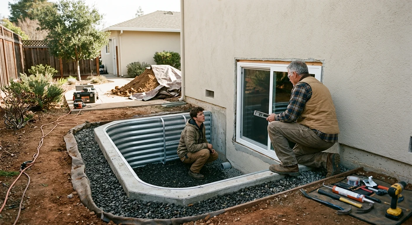 Basement egress window installation meeting code with drainage gravel well